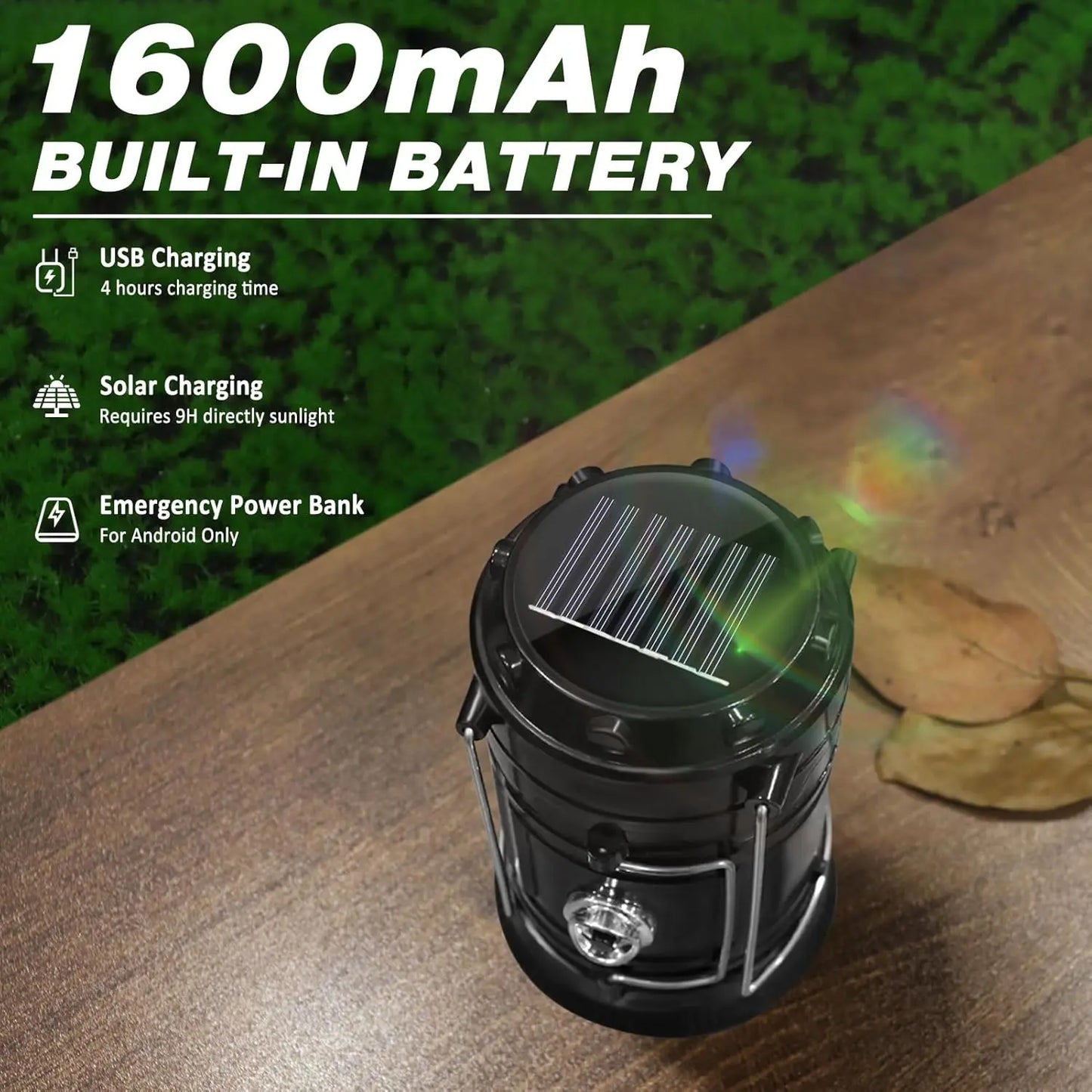 Solar Camping Lantern - Rechargeable LED Lights, Magnetic Base & Foldable Hanging Hook
