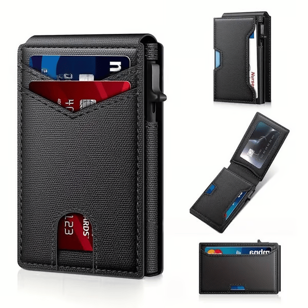 💼🔒Premium Aluminum RFID Blocking Minimalist Wallet for Men – Pop-Up Quick Access Card Holder with ID Window