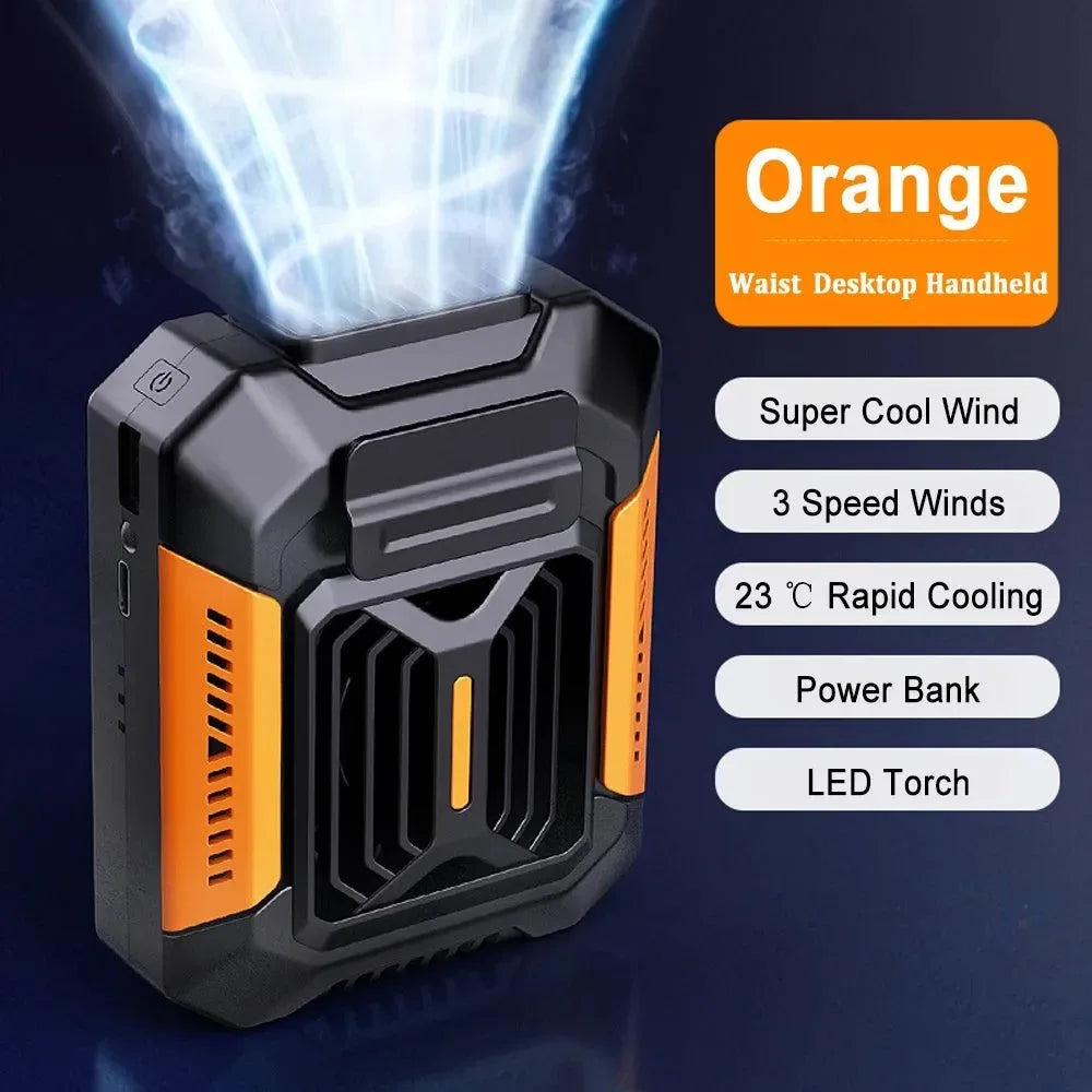 Portable Waist Clip Fan – Mini Hanging Neck & Waist Fan with Power Bank & LED Light