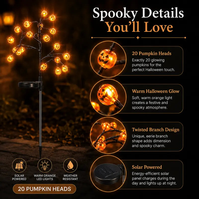 Close-up product features including pumpkin heads, warm orange glow, branch shape and solar panel