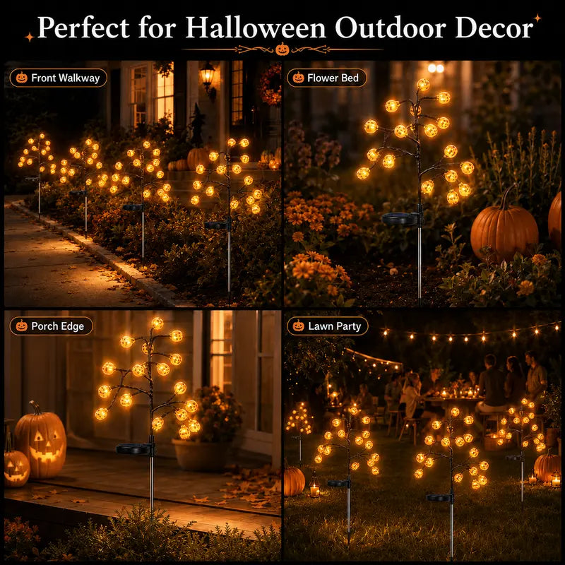 Pumpkin solar stake lights used on a walkway, in a flower bed, beside a porch and at a lawn party