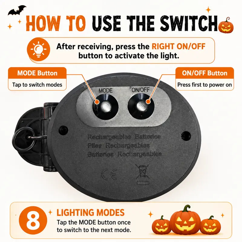 Instructions showing the on off button and eight lighting modes