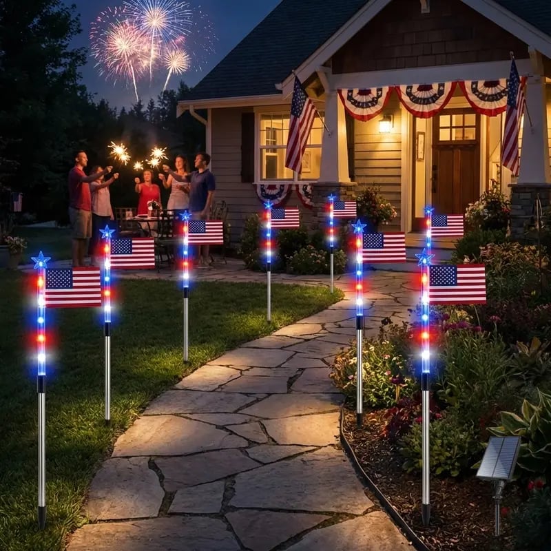 🔥Solar-Powered American Flag Path Lights, 8-pack – Celebrating The 250th Anniversary Of American Independence 🇺🇸✨