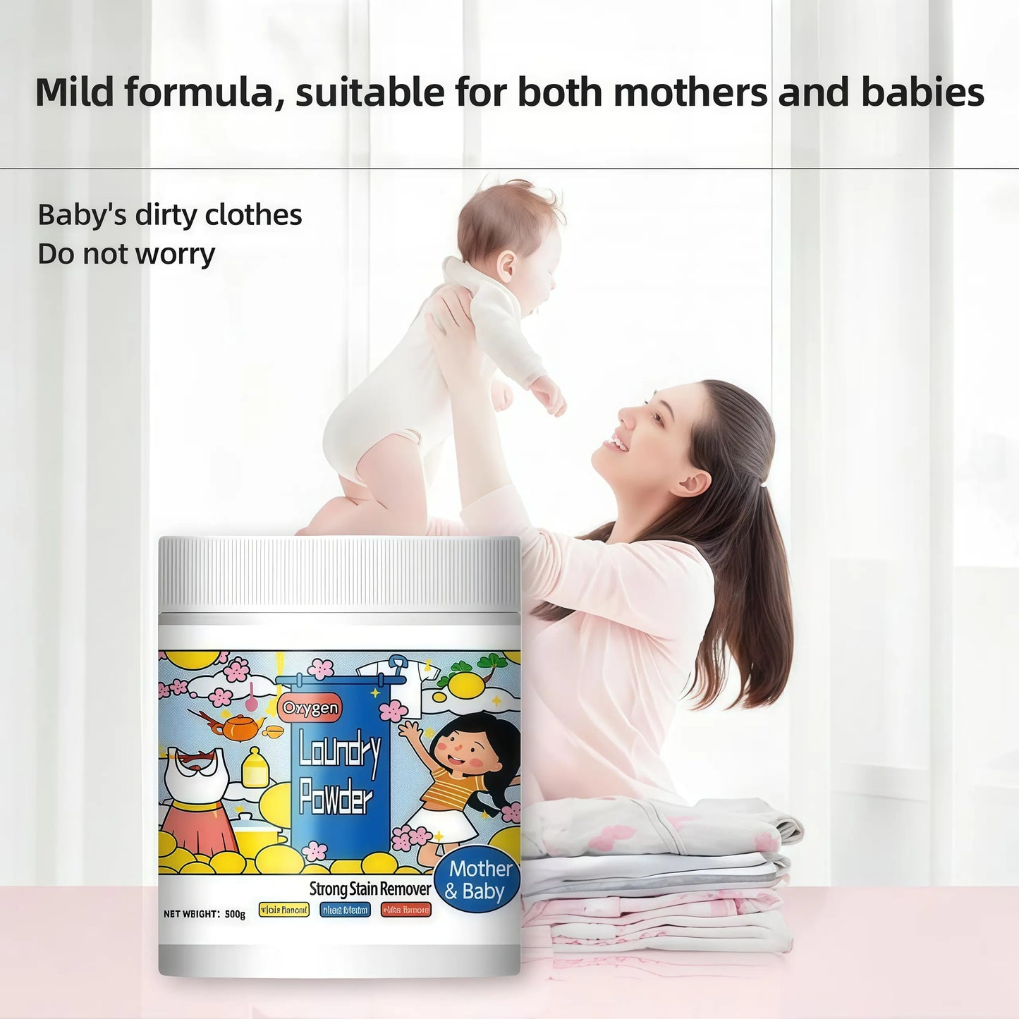 Oxygen Laundry Powder 500g Strong Stain Remover Chlorine-Free Formula Safe for Everyday Fabrics Removes Milk Sweat Oil Fruit Stains Hyper Concentrated Ideal for Mothers and Babies