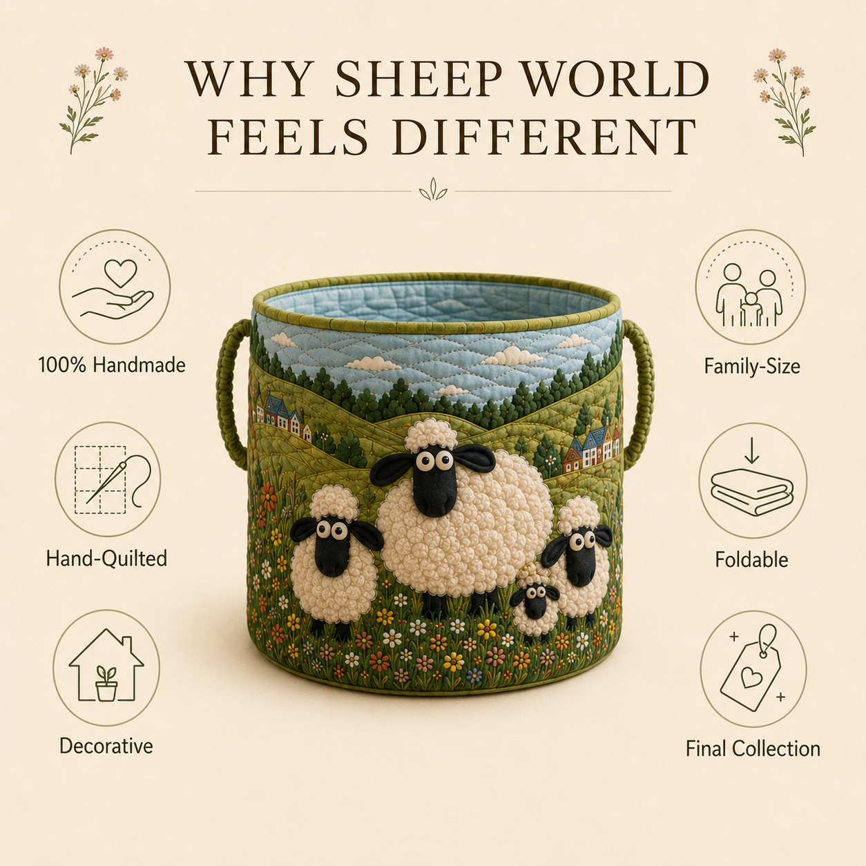 🐏Sheep World Hand-Quilted Laundry Basket