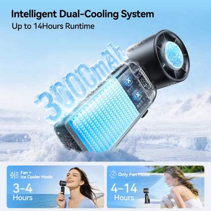 4-in-1 portable refrigeration handheld turbo fan, mini handheld personal fan.Suitable for travel, indoor use, and office desk usage