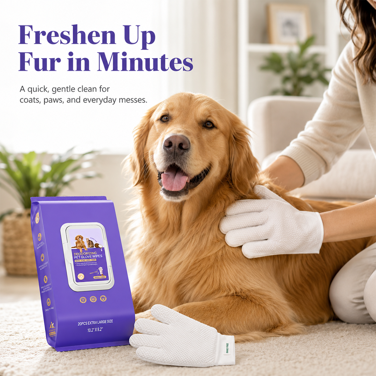 Deodorizing Glove Wipes for Dogs & Cats - Waterless Bath Alternative