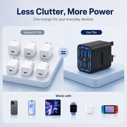 🔋6-Port Travel Charger Adapter – Multi-Interface USB-C Charging Hub for Phones & Devices