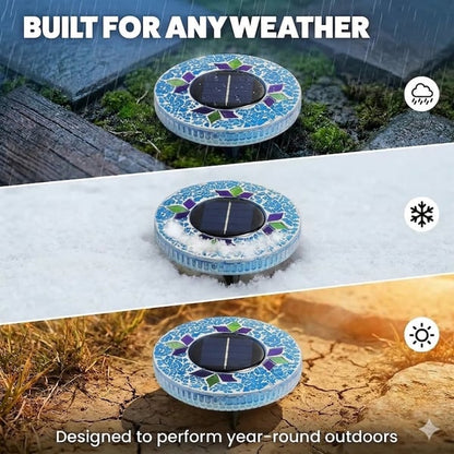 Mosaic Solar Disk Lights, Waterproof LED Outdoor In‑Ground Tabletop Lighting