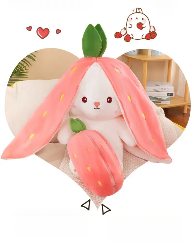 Cute Strawberry Bunny Plush Toy Soft Kawaii Stuffed Animal Gift for Kids Girls Hug Pillow Bed Decoration Birthday Present Furry Friends Plush Doll Animal Gift for Kids