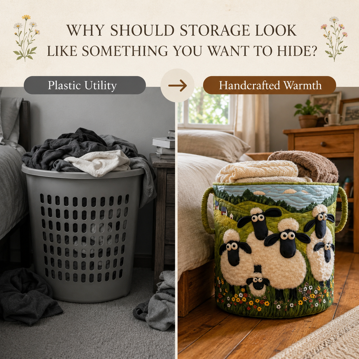 🐏Sheep World Hand-Quilted Laundry Basket