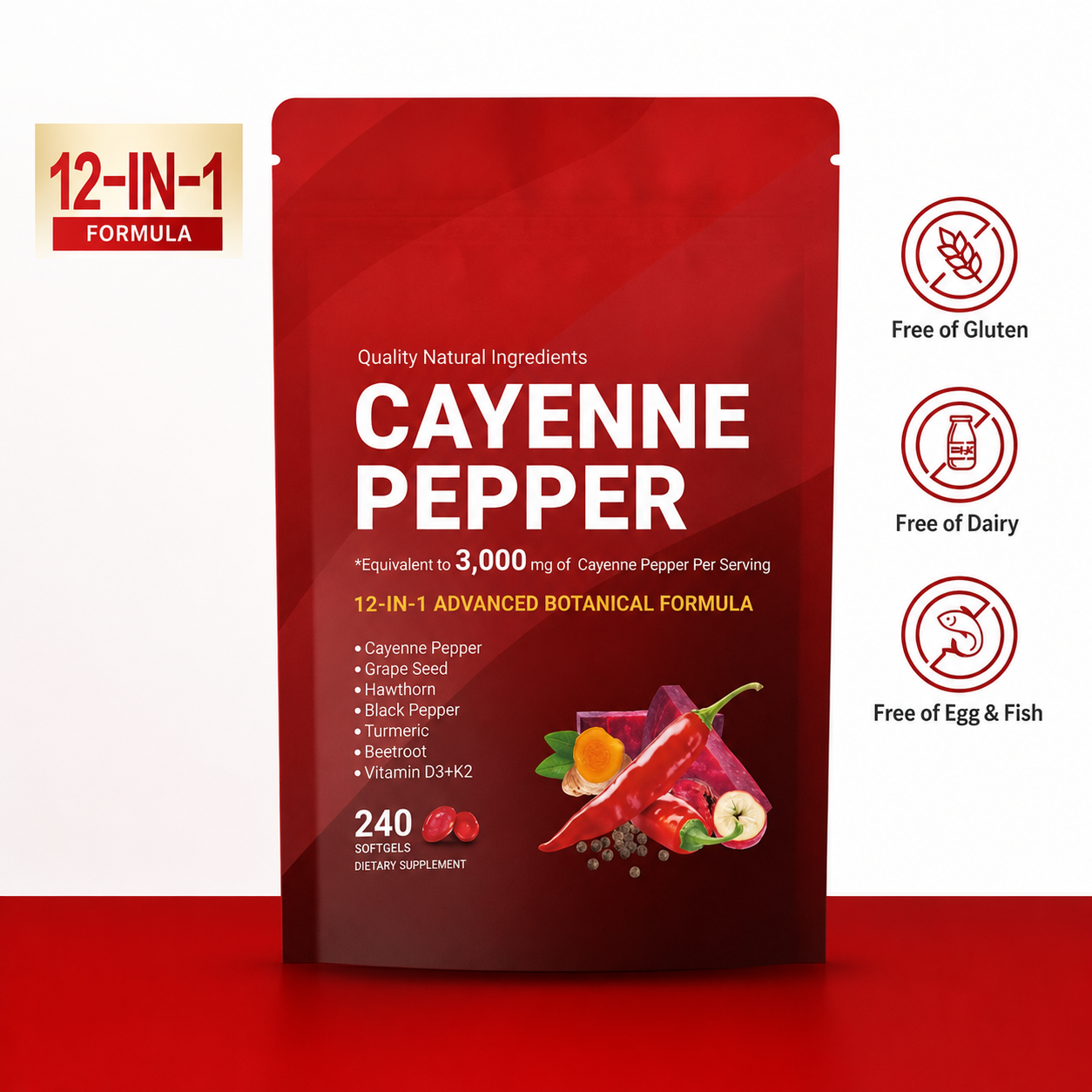 Cayenne Pepper Softgels – 12-in-1 Daily Wellness Supplement with Vitamins D3, K2 & E, Hawthorn, Beetroot & Turmeric | 240 Count