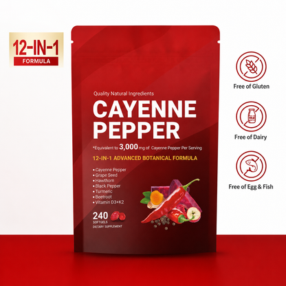 Cayenne Pepper Softgels – 12-in-1 Daily Wellness Supplement with Vitamins D3, K2 & E, Hawthorn, Beetroot & Turmeric | 240 Count