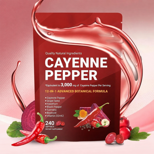 Cayenne Pepper Softgels – 12-in-1 Daily Wellness Supplement with Vitamins D3, K2 & E, Hawthorn, Beetroot & Turmeric | 240 Count