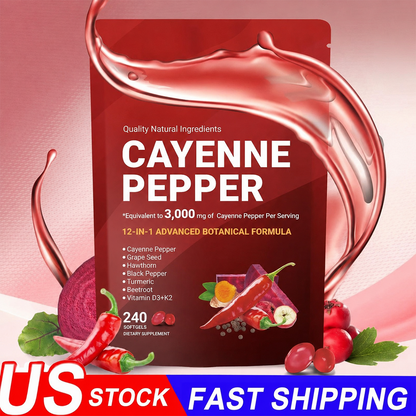 Cayenne Pepper Softgels – 12-in-1 Daily Wellness Supplement with Vitamins D3, K2 & E, Hawthorn, Beetroot & Turmeric | 240 Count