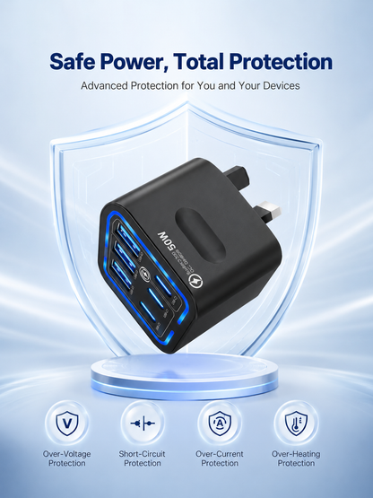 🔋6-Port Travel Charger Adapter – Multi-Interface USB-C Charging Hub for Phones & Devices