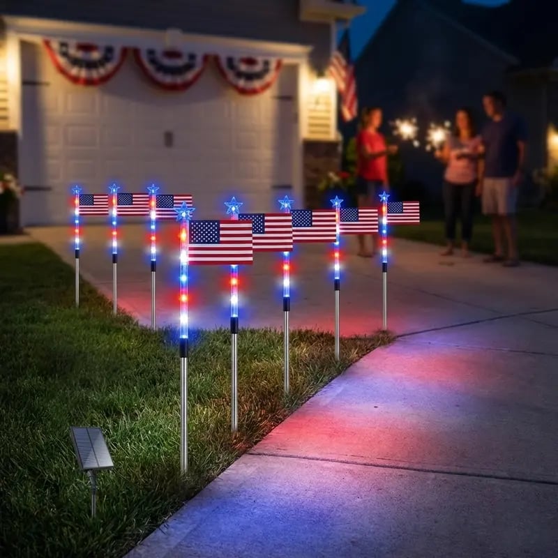 🔥Solar-Powered American Flag Path Lights, 8-pack – Celebrating The 250th Anniversary Of American Independence 🇺🇸✨