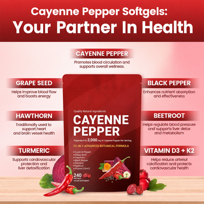 Cayenne Pepper Softgels – 12-in-1 Daily Wellness Supplement with Vitamins D3, K2 & E, Hawthorn, Beetroot & Turmeric | 240 Count