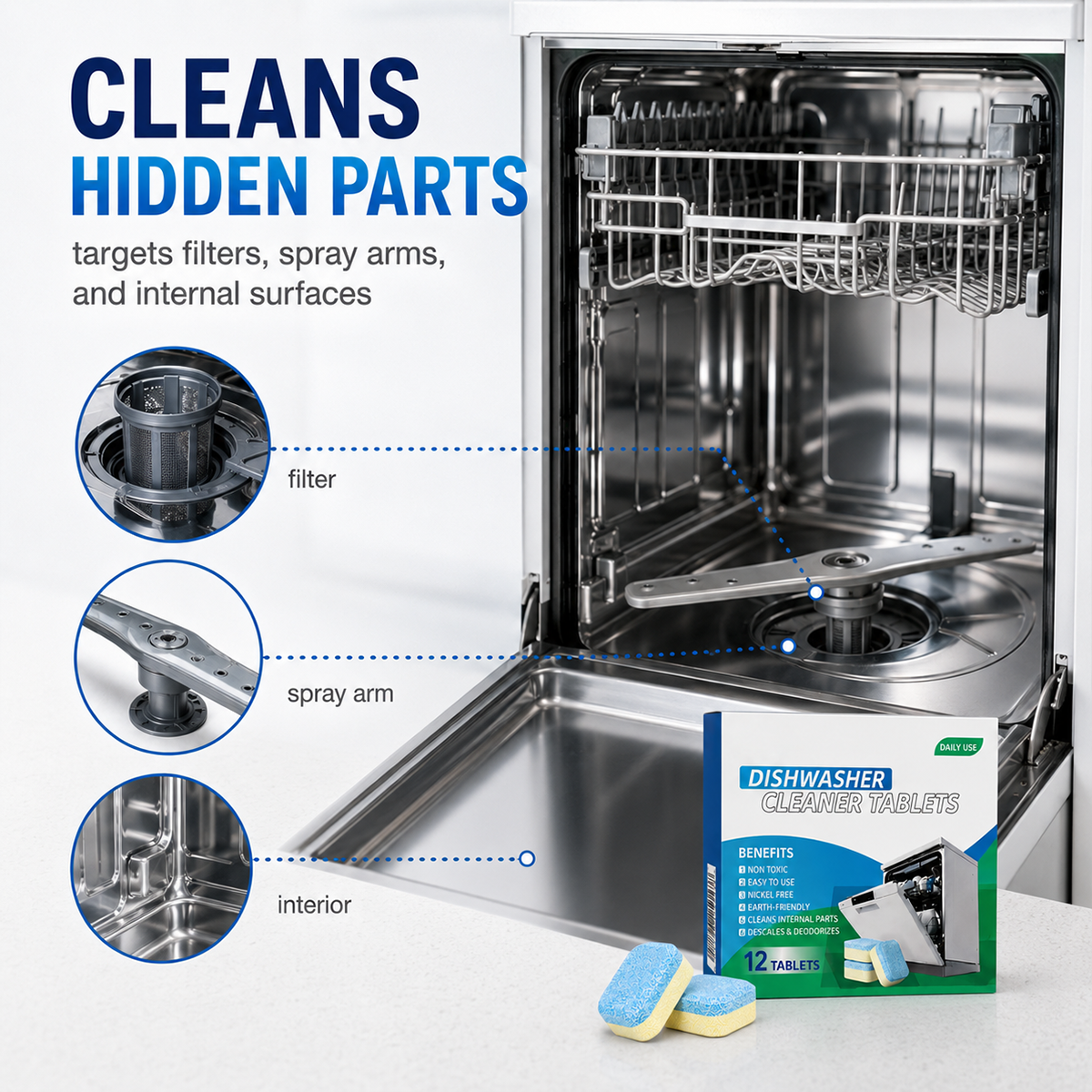 Dishwasher Cleaner Tablets 12-Pack – Descaling & Deodorizing Pods for Limescale, Calcium Buildup & Odor Control