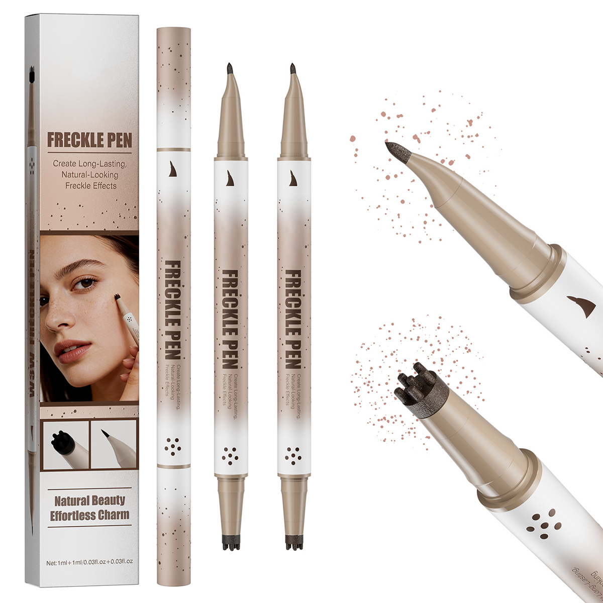 Dual-Ended Freckle Pen & Freckle Stamp - Precise 15° Curved Tip Makeup Waterproof & Smudge Proof, Long Lasting Faux Freckles Pencils