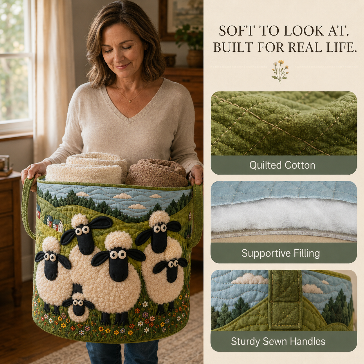 🐏Sheep World Hand-Quilted Laundry Basket