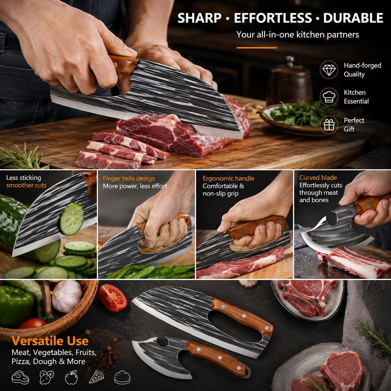 Hand-Forged Chef Knife & Cleaver Set – Sharp V-Edge Kitchen Knives for Meat, Vegetables & Fruits