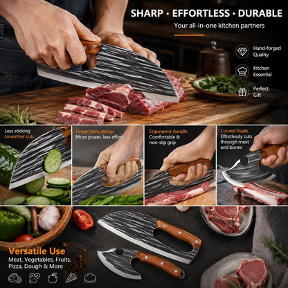 Hand-Forged Chef Knife & Cleaver Set – Sharp V-Edge Kitchen Knives for Meat, Vegetables & Fruits
