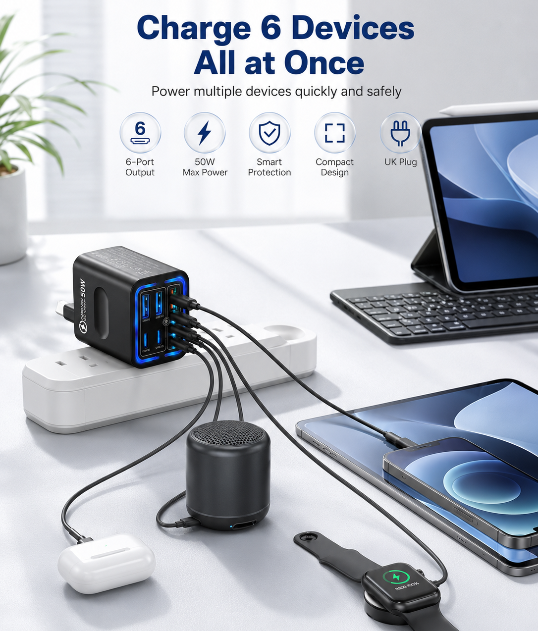 🔋6-Port Travel Charger Adapter – Multi-Interface USB-C Charging Hub for Phones & Devices