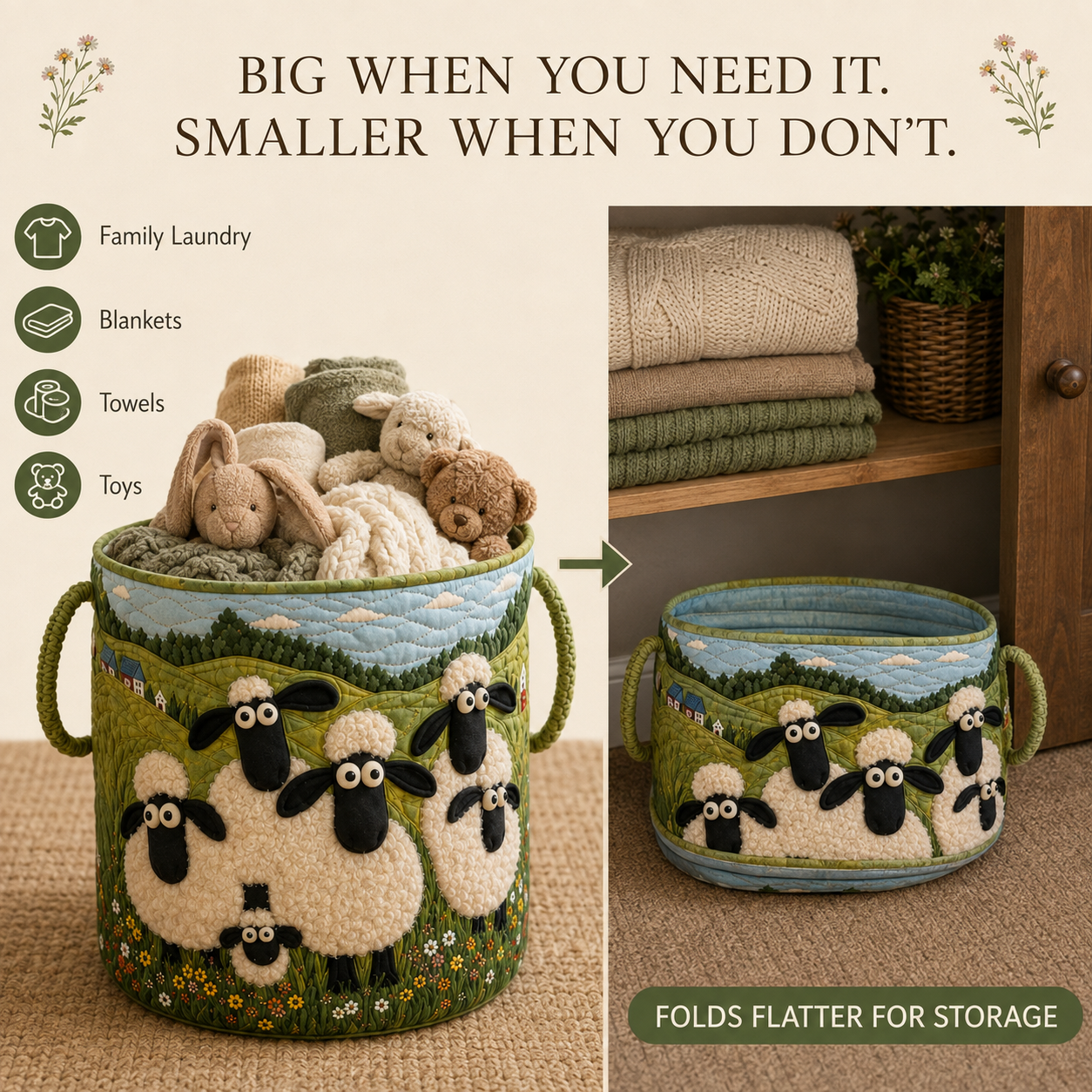 🐏Sheep World Hand-Quilted Laundry Basket