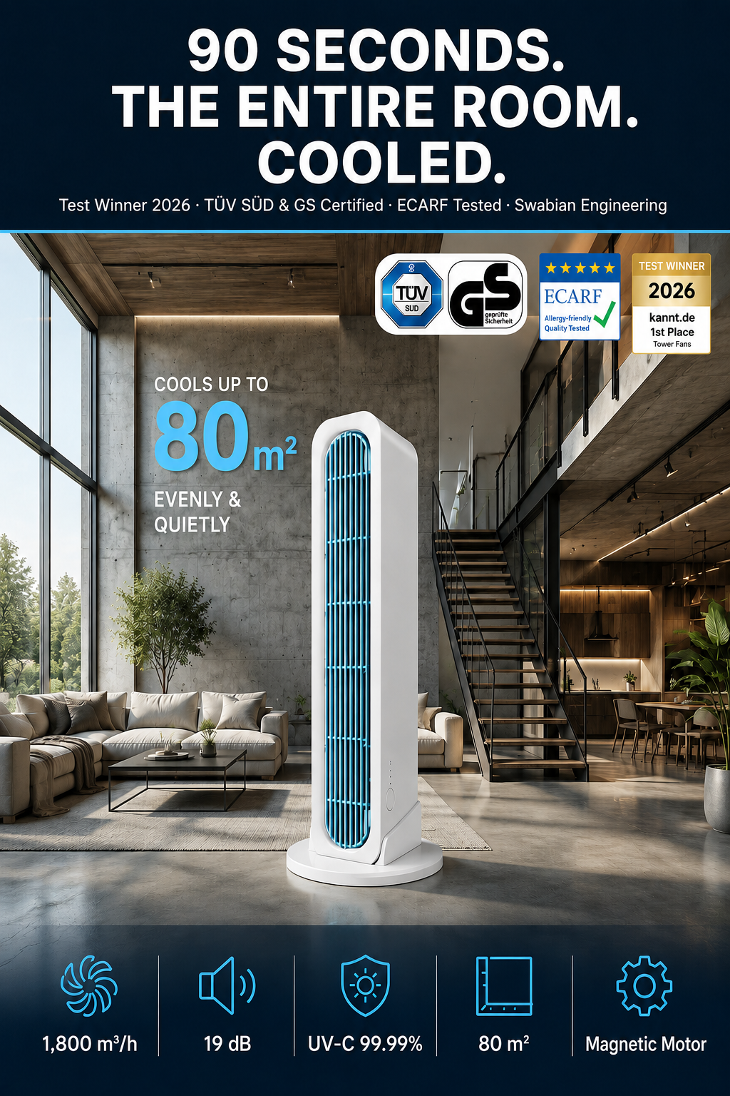【90S Cool Down the Whole Room】Tower Fan Standing and Lying Down Air Conditioner