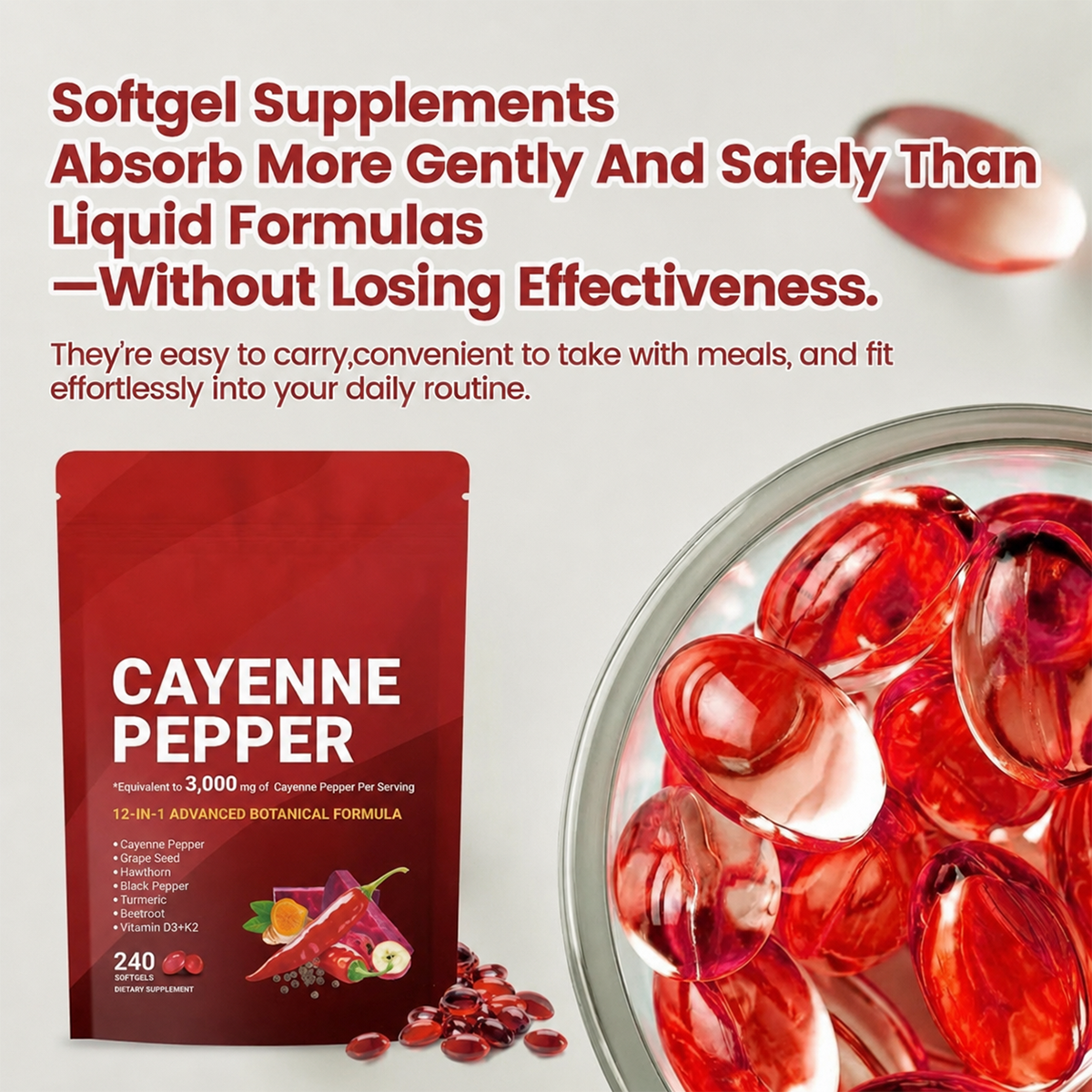 Cayenne Pepper Softgels – 12-in-1 Daily Wellness Supplement with Vitamins D3, K2 & E, Hawthorn, Beetroot & Turmeric | 240 Count
