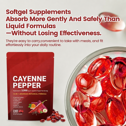 Cayenne Pepper Softgels – 12-in-1 Daily Wellness Supplement with Vitamins D3, K2 & E, Hawthorn, Beetroot & Turmeric | 240 Count