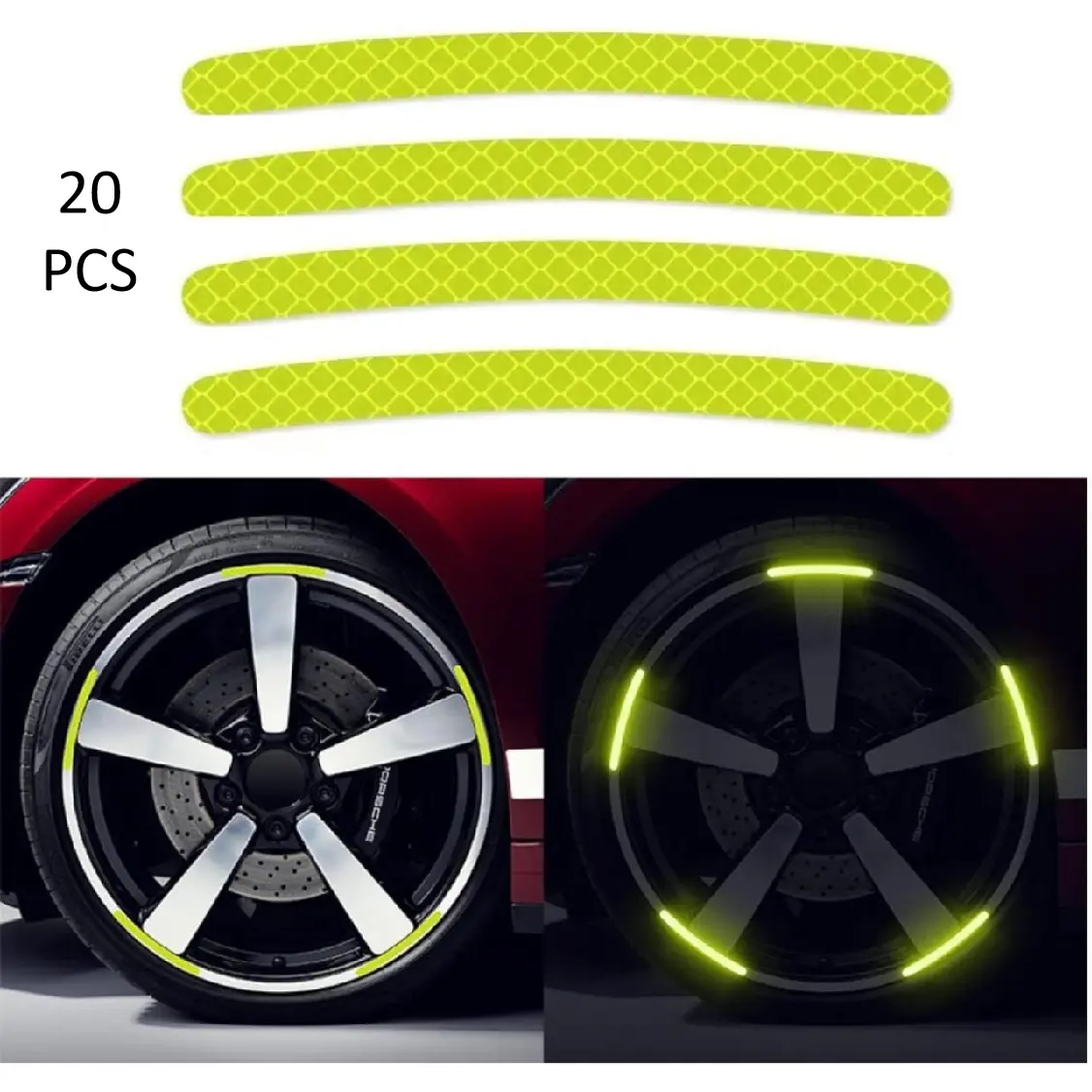 20PCS Wheel Adhesive Strips Stickers, Night Reflective Safety Decoration Strip for Car, Motocycle, Bicycle, Car Wheel Hub Reflective Sticker, Reflective Tape for Enhancing Car Wheel Safety