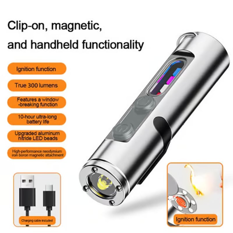 🔦Pocket Rechargeable EDC Flashlight:  Mini Keychain Light with Fire Starter & Window Breaker