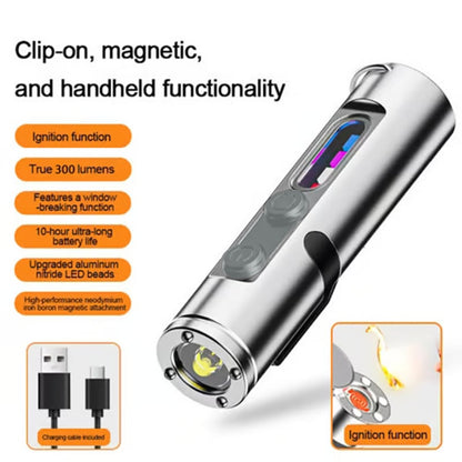 🔦Pocket Rechargeable EDC Flashlight:  Mini Keychain Light with Fire Starter & Window Breaker