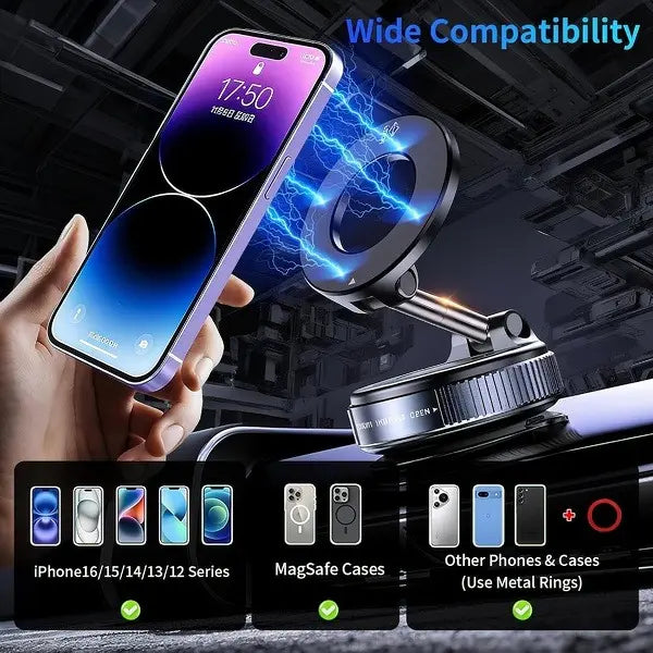Magnetic Car Phone Holder, Strong Suction Cup, Foldable, For All Phones & Vehicles