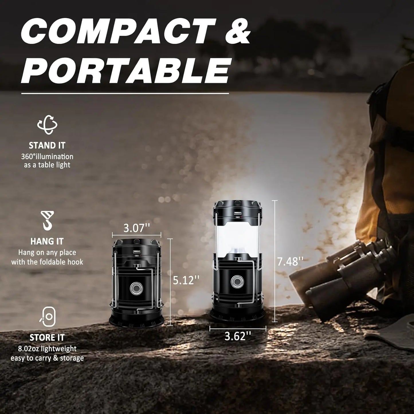 Solar Camping Lantern - Rechargeable LED Lights, Magnetic Base & Foldable Hanging Hook