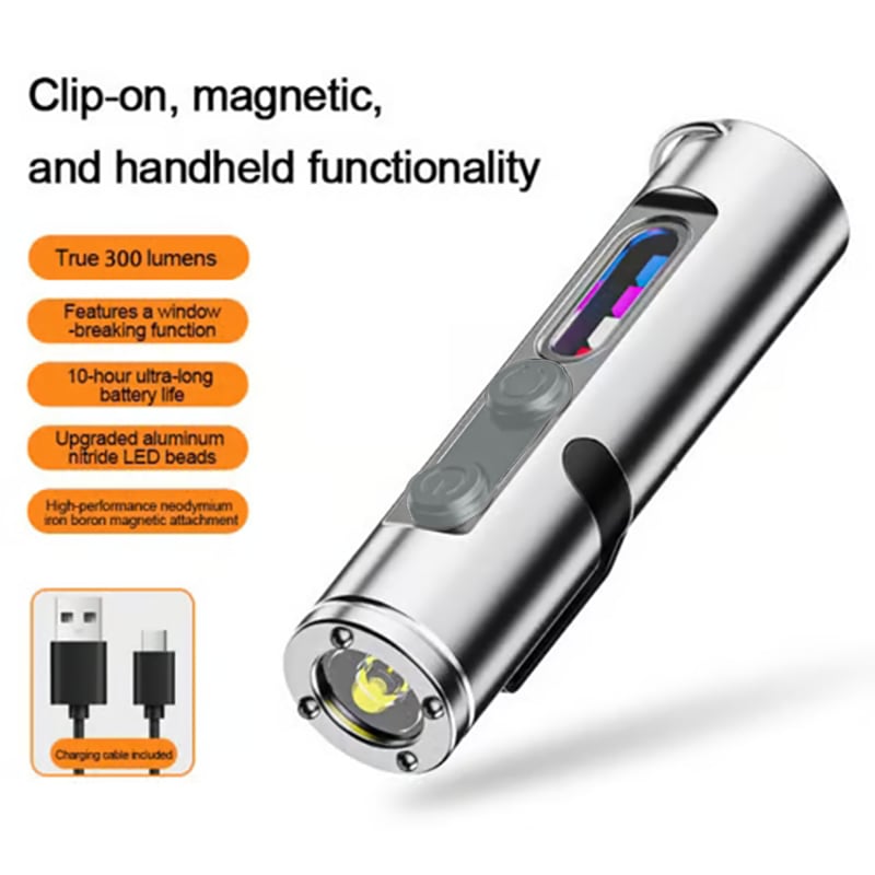 🔦Pocket Rechargeable EDC Flashlight:  Mini Keychain Light with Fire Starter & Window Breaker