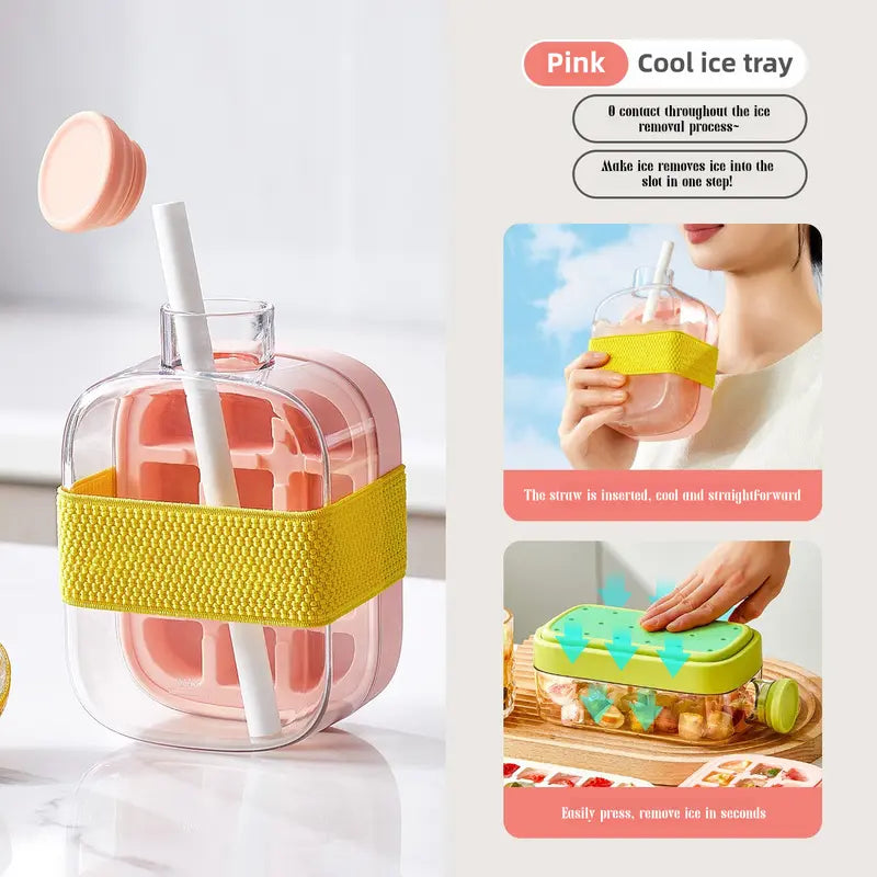 2-in-1 Silicone Ice Cube Bottle with Lid & Straw