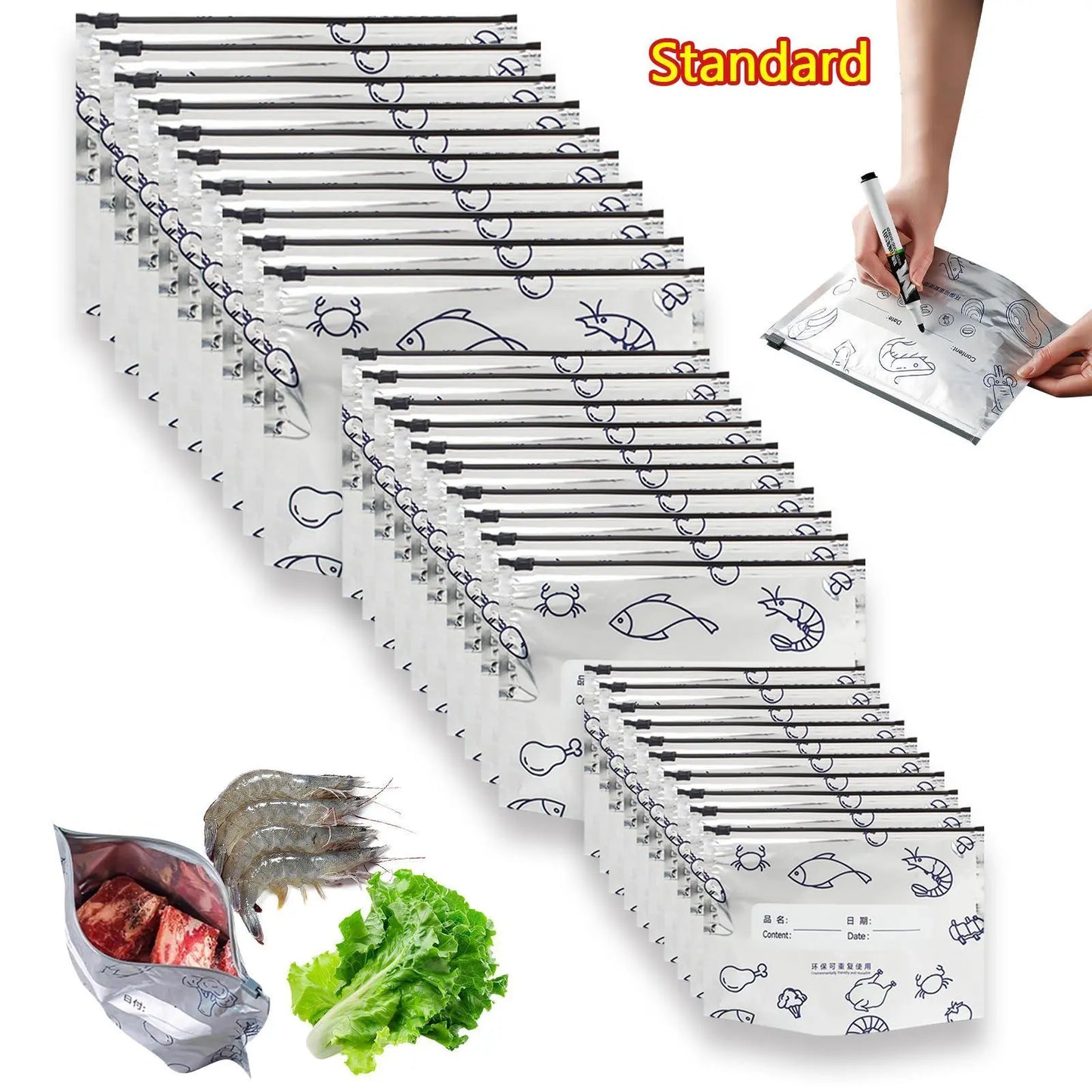 【Refrigerated Food】Reusable Aluminum Foil Sealable Storage Bags, 2026 New Resealable Vacuum Zipper Pouches for Food, Stand Up Foil Sealable Bags with Label and Zip Lock for Vegetable Fruit Meat