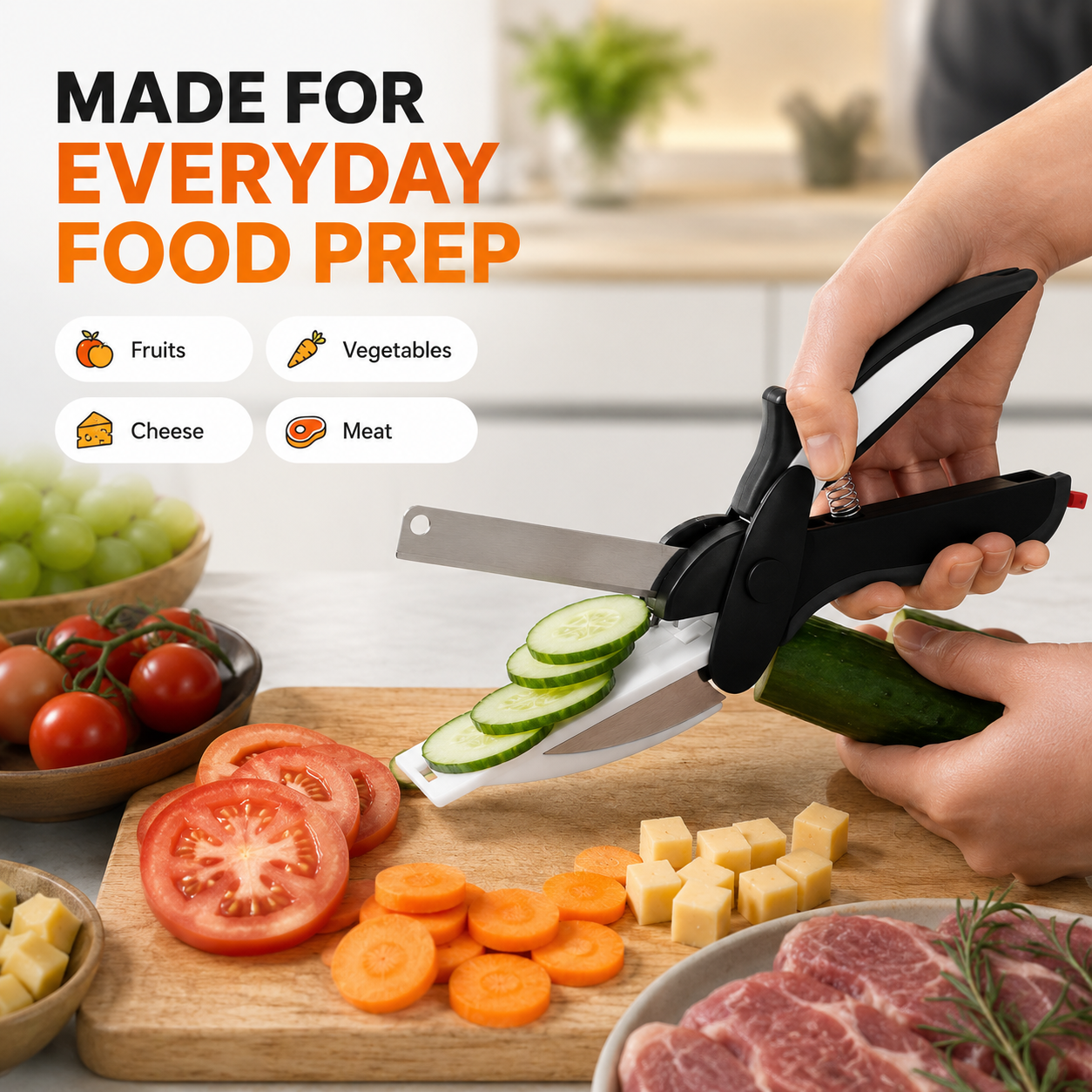 Handheld kitchen scissors slicing cucumber and fresh ingredients
