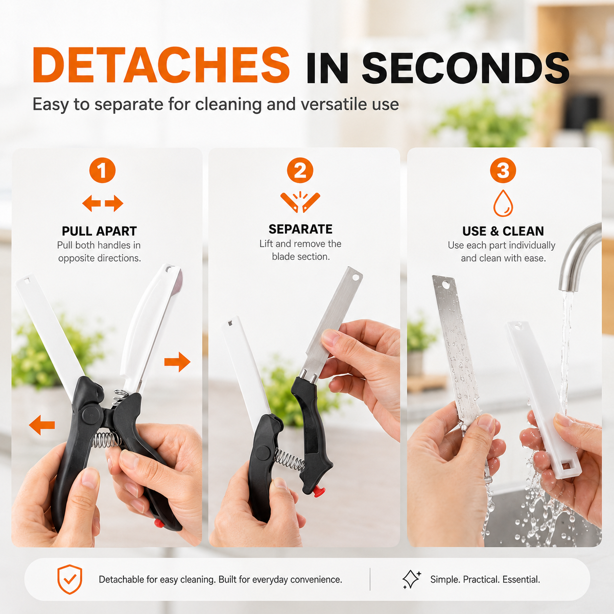 Steps for separating and cleaning detachable kitchen scissors