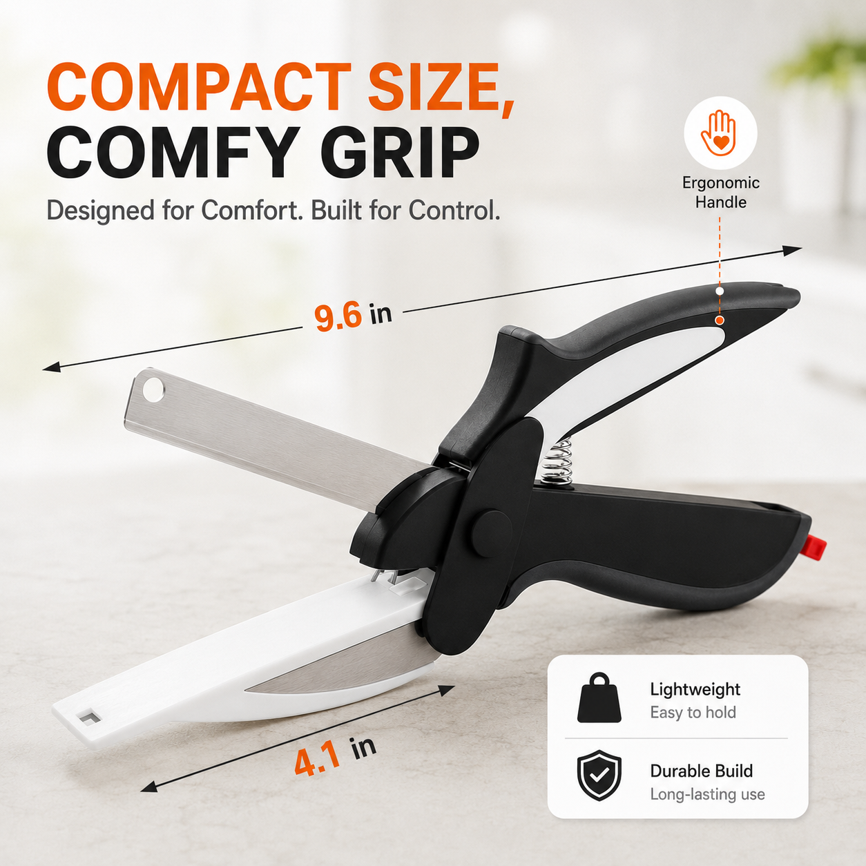 Compact kitchen scissors with ergonomic handle and size illustration