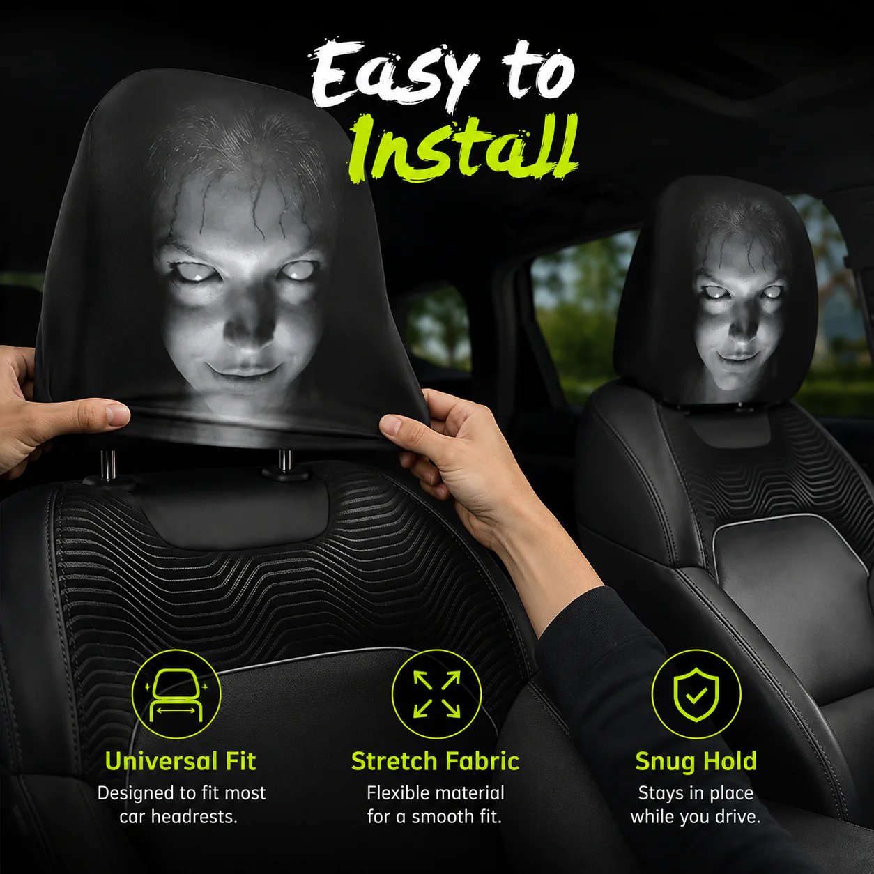 2Pcs Spooky Night Cartoon Universal Car Headrest Covers