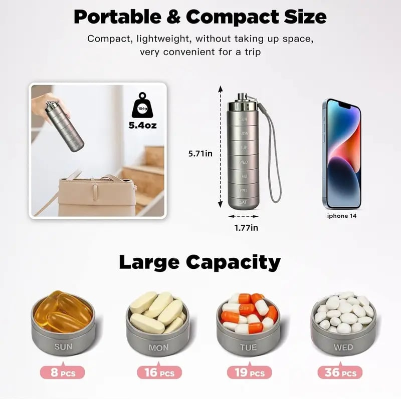 💊Portable Metal Pill Organizer – 7-Day Medicine, Vitamin & Supplement Holder