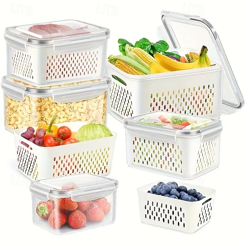 Produce Storage Containers – Stackable Fridge Organizer Bins with Removable Colanders