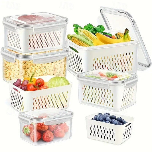 Produce Storage Containers – Stackable Fridge Organizer Bins with Removable Colanders