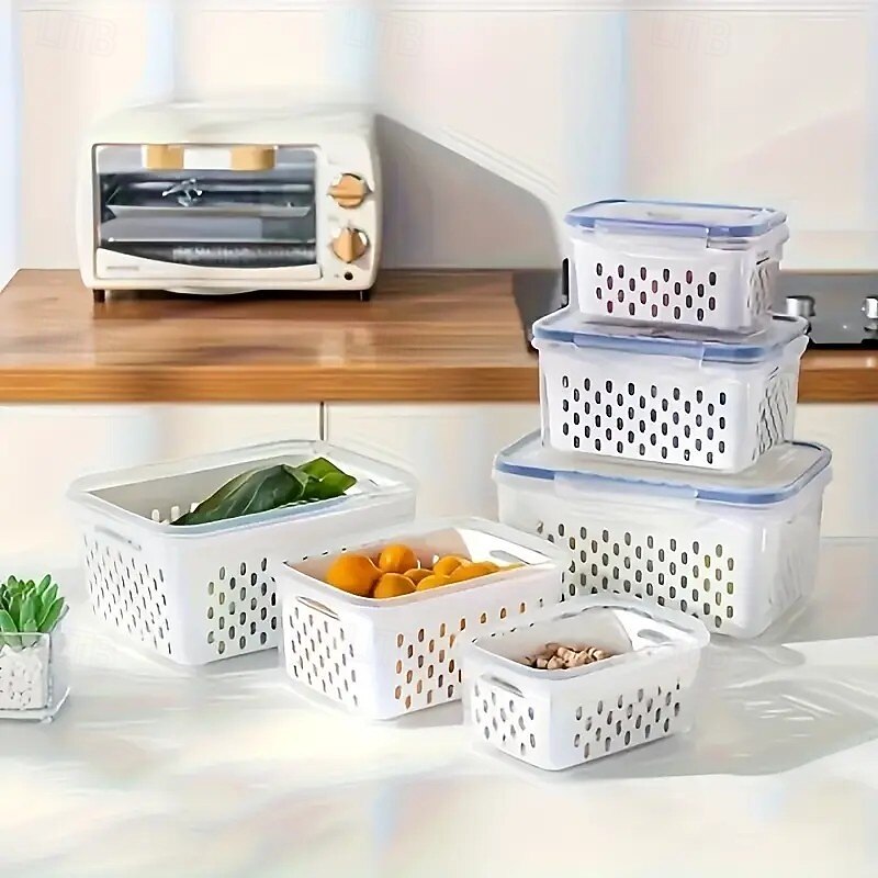 Produce Storage Containers – Stackable Fridge Organizer Bins with Removable Colanders