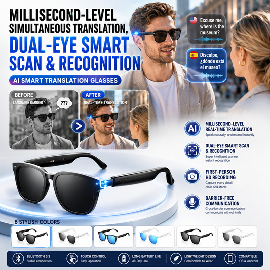 🕶️Wearable AI Translator & Voice Recorder – Multilingual Communication Assistant with Hands-Free Calls & Music Playback