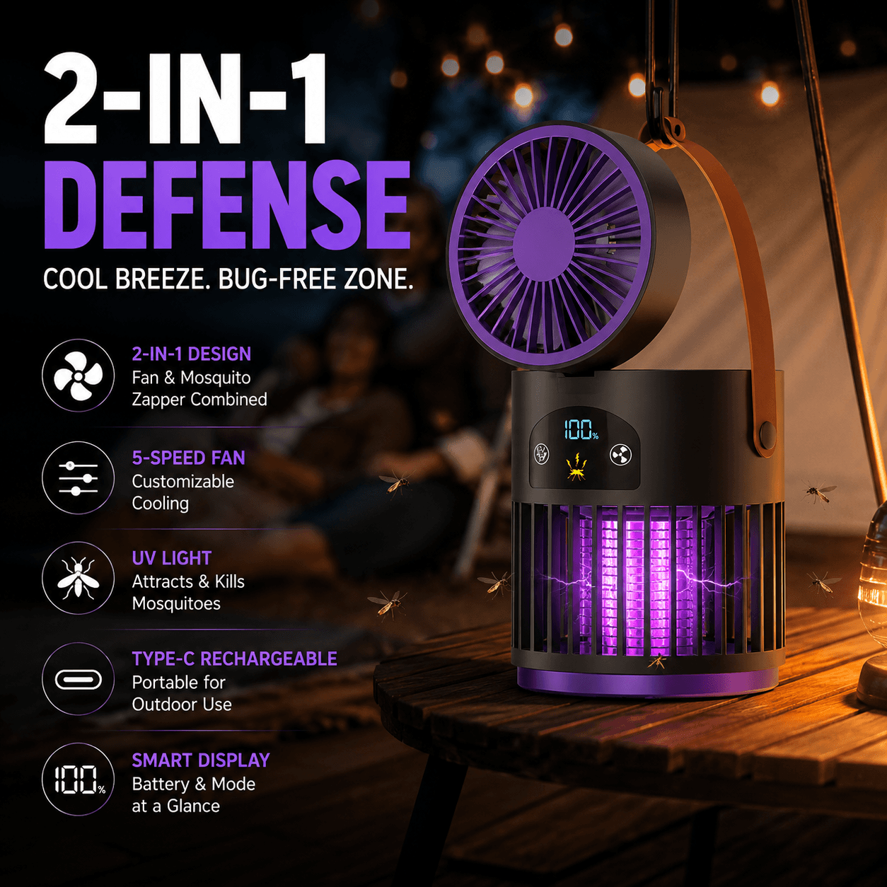 🔥Portable Rechargeable Fan with UV Bug Zapper Light